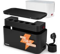 KALANKA-ACROPAQ Cache Câble 8 en 1 - Charge Ultra Rapide - Câble de Gamme avec Cache Multiprise Electrique - 5 Prises, 3 USB (A+C), Câble 2M - Coffret Câble Noir - Valise de Rangement 30x14x14 cm
