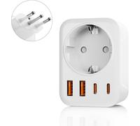 KALANKA-Adaptateur de Voyage 5 en 1 Pour l'Italie, Avec 1 Prise Secteur, 2 ports USB-C et 2 ports USB-A (3,4 A), Prise de Voyage 3 Broches Pour le Chili, l'Uruguay, l'Éthiopie, l'Érythrée et la Syrie