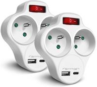 KALANKA-Adapteur Fiche Multiprise Biplite avec Interrupteur pour façade, 2 Prise 16A, 1 USB 1 Type C 5V 2.4A, Blanc ¿ Lot de 2