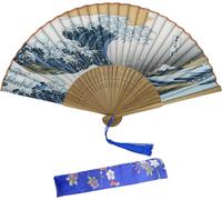 Kalanka-Awcigg Eventail Japonais Kanagawa Sea Waves Éventail Décoration Japonaise Eventails Soie Et Bambou Avec Frange Mini Evantail Etui De Protection En Tissu Inclus Pour Femme Été Enfant Fille Hom