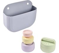 KALANKA-BÉABA, Coffret 4 Jouets de Bain Bébé : Panier Rangement Ventouse et Lot 4 Jouets Bain Silicone, Empilables, Gigognes, 2 Compartiments, Galet & Mutli couleurs