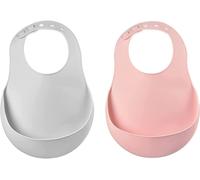 Kalanka-Béaba, Lot De 2 Bavoirs Pour Bébé En Silicone Imperméable, Tour De Cou Ajustable, Large Poche Rattrape Aliments, Souple, Léger, Ultra Doux, Facile À Nettoyer, Light Mist/Old Pink