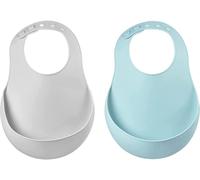 Kalanka-Béaba, Lot De 2 Bavoirs Pour Bébé En Silicone Imperméable, Tour De Cou Ajustable, Large Poche Rattrape Aliments, Souple, Léger, Ultra Doux, Facile À Nettoyer, Light Mist/Airy Green