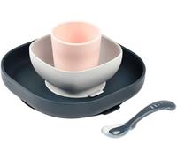 Kalanka-Béaba, Set Vaisselle Silicone Repas Bébé, Avec Ventouse, Anti-Dérapant, 4 Pièces, Assiette + Bol+ Verre + Cuillère, Silicone Saine Et Durable, Compatible Lave-Vaisselle, Micro-Onde, Night Blu