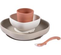 Kalanka-Béaba, Set Vaisselle Silicone Repas Bébé, Avec Ventouse, Anti-Dérapant, 4 Pièces, Assiette + Bol+ Verre + Cuillère, Silicone Saine Et Durable, Compatible Lave-Vaisselle, Micro-Onde, Terracott