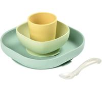 Kalanka-Béaba, Set Vaisselle Silicone Repas Bébé, Avec Ventouse, Anti-Dérapant, 4 Pièces, Assiette + Bol+ Verre + Cuillère, Silicone Saine Et Durable, Compatible Lave-Vaisselle, Micro-Onde, Jaune