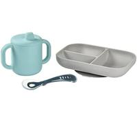 Kalanka-Béaba, Set Vaisselle Silicone Repas Bébé, Coffret Repas D'apprentissage, 3 Pièces, Assiette Compartimenté + Tasse + Cuillère, Silicone Saine Et Durable, Compatible Lave-Vaisselle, Micro-Onde,