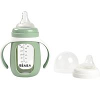 Kalanka-Béaba, Tasse/Biberon D'apprentissage 2 En 1, En Verre, Housse Silicone, Solide, Sain, 100% Etanche, Poignées Amovibles, 210ml, Vert Sauge