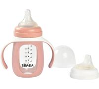 Kalanka-Béaba, Tasse/Biberon D'apprentissage 2 En 1, En Verre, Housse Silicone, Solide, Sain, 100% Etanche, Poignées Amovibles, 210ml, Rose