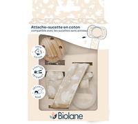 Kalanka-Biolane - Attache Tétine Bébé - Pour Tétine Sans Anneau - Tissu 100% Coton - Beige - Fixation Silicone - Clip En Bois Et Métal - Double Sécurité & Anti-Glisse