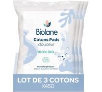 Kalanka-Biolane - Lot De 3 Cotons Pads Douceur - Bébé - 100% Bio - 150 Cotons - Peaux Sensibles - Change & Toilette - Dès La Naissance - Fabriqués En France