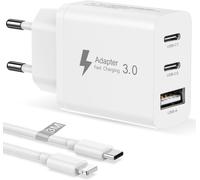 KALANKA-Chargeur 30W avec Cable USBC Lightning 3M pour iPhone 14/13/13 Pro Max/12/12 Mini/11/XS/XS Max/XR/SE/8 Plus/iPad, 3 Ports Chargeur Multi USB Charger Prise USB C Charge Rapide Adaptateur Secte