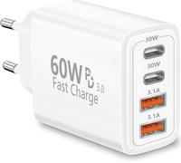 KALANKA-Chargeur USB C, 60W 4-Port Prise Chargeur Rapide USB C, Multiple Secteur Double PD+QC 3.1A Type C Adaptateur pour iPhone 17 17 Pro Max 16 Pro 15 14 13 12 11 XS XR, Samsung Galaxy S25 S24, iP