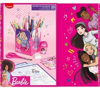 KALANKA-- Coffret Cadeau de Coloriage Barbie - Crayons, Feutres, Taille-Crayons, Ciseaux 13cm, Gomme, Stickers, Pot à Crayons - Licence Barbie Officielle