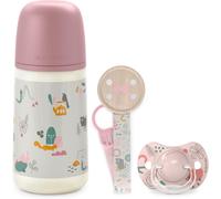 Kalanka-, Coffret Cadeau Nouveau-Né Sx Pro, Pour Bébés 0-6 Mois. Contient Un Biberon Débit Moyen (M) 270 Ml + Sucette Sx Pro Silicone 0/6 Mois + Attache-Sucette Avec Ruban. Coffret Biberon Walk Rose