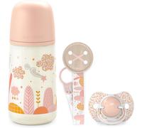 Kalanka-, Coffret Cadeau Nouveau-Né Sx Pro, Pour Bébés 0-6 Mois. Contient Un Biberon Débit Moyen (M) 270 Ml + Sucette Sx Pro En Silicone 0/6 Mois + Attache - Sucette Avec Ruban. Coffret Biberon Rose