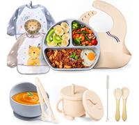 Kalanka-Coffret Repas Bebe-Avec-Assiette Ventouse Pour Bébé-Assiette 3 Compartiments-Cuillere Bebe 1er Age X2-Bol Bebe-2 Bavoirs Bebe + 1 Bavoir Silicone-Gobelet Pour Bebe-Couvert Enfant X2 (Gris/Bei