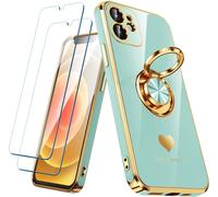Kalanka-Compatible Avec Iphone 11 Avec 2 Films Protecteurs D'écran, Anneau Rotatif À 360°, Motif C?urs De Luxe - Coque De Téléphone Fine Et Souple À Bords Dorés Pour Iphone 11 - Menthe