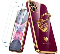 Kalanka-Coque Compatible Avec Iphone 11 Avec 2 Films Protecteurs D'écran, Anneau Rotatif À 360°, Motif C?urs De Luxe - Coque De Téléphone Fine Et Souple À Bords Dorés Pour Iphone 11 - Bordeaux