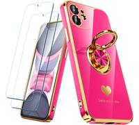 Kalanka-Coque Compatible Avec Iphone 11 Avec 2 Films Protecteurs D'écran, Anneau Rotatif À 360°, Motif C?urs De Luxe - Coque De Téléphone Fine Et Souple À Bords Dorés Pour Iphone 11 - Rose Vif
