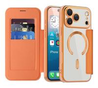 KALANKA-Coque Magnétique pour iPhone 17 Pro Max Etui Compatible avec MagSafe RFID Blocage Dos Transparente Antichoc Flip Étui en Cuir Portefeuille Housse Case pour iPhone 17 Pro Max, Orange JD