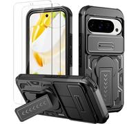KALANKA-Coque pour Google Pixel 10/10 Pro/Pixel 9/9 Pro avec 2 Verre Trempé, Lentille Coulissante Couverture et Support, Antichoc Étui de Militaire Protection Armor Renforcée Housse, Noir