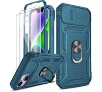 KALANKA-Coque pour iPhone 14 Anneau avec 2 Verre Trempé, 360° Full Protection de la Caméra en PC Dur Anti-Chut Renforcée Armor Heavy Duty Bumper Etui Housse pour Apple iPhone 14 Antichoc Bleu