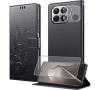 KALANKA-Coque pour Xiaomi 15T Pro avec 1 Verre Trempé,1 Protection Camera,Étuis Rabat [Housse en Cuir PU][Fentes pour Cartes][Pochette de Portefeuille][Stand Feature]- Noir