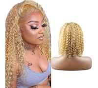 Kalanka-Curly Wave Bob Wig Perruque Cheveuxe Blonde 4x4 Lace Wig Human Hair Wavy 150% Density Pre Plucked Free Part Brazilian Remy Hair Real Unprocessed Virgin Hair For Women 8 Pouce