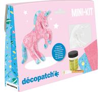 KALANKA-Décopatch KIT009O - Un mini-kit comprenant un animal en papier pulpé blanc, 2 feuilles Décopatch, un pinceau et un pot de vernis colle, LICORNE