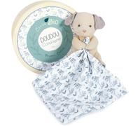KALANKA-DOUDOU ET COMPAGNIE - Doudou Peluche Chien avec Mouchoir - En Coton Bio Bleu -15 cm - Collection Doudou Botanic Bio - Avec Boite Cadeau Ronde - Idée Cadeau Naissance- Garantie Doudou Perdu -