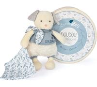 KALANKA-DOUDOU ET COMPAGNIE - Doudou Peluche Chien avec Mouchoir - En Coton Bio Bleu - 22 cm - Collection Doudou Botanic Bio - Avec Boite Cadeau Ronde - Idée Cadeau Naissance- Garantie Doudou Perdu -