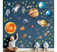 KALANKA-DS12-8077 Autocollants muraux du système solaire à décoller et à coller amovibles pour d'enfant de étoiles garçons filles planète espace salle de jeux brille dans la nuit terre lune galaxie