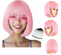 Kalanka-Ensemble De Perruques De Fête Avec Bonnet Et Lunettes De Soleil, Perruques De Cheveux Courts Raides Avec Frange Plate, Perruque Synthétique Colorée, Pour Cosplay, Fête Quotidienne (Rose Clair