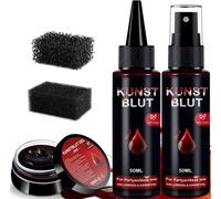 Kalanka-Faux Sang Halloween Set - 50ml Spray Sang + 50ml Réaliste Faux Sang + 50g Plasma Coagulé, Maquillage Halloween Pour Visage Lavable Fake Blood Pour Zombie, Vampire, Cosplay, Maquillage De Théâ