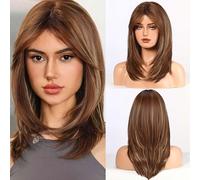 Kalanka-Femmes Perruque 20 Pouces Brun Clair Perruque Femme Rideau Poney Femmes Perruque Avec Frange Vague Pour Tous Les Jours Et Cosplay
