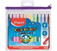 KALANKA-- Feutres Long Life - 12 Feutres de Coloriage Ultra-lavables et Longue Durée - Pointe Moyenne Bloquée - Fournitures Rentrée Scolaire - Trousse Plastique Zippée