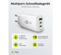 KALANKA-Goobay 65408 Chargeur USB C Alimentation 65W Power Delivery PD Chargeur Rapide/iPhone/Android/USB-C & USB-A 3 Ports Mini Adaptateur pour Prise de Courant/Blanc