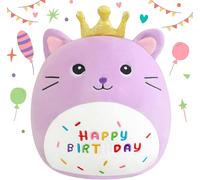 KALANKA-Happy Birthday Stuffed Animal 10" Cat Soft Toys with Crown Cute Plush Pillow Cat Plush Toy for Kid Girl Boy Purple 25CM