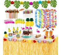 KALANKA-Hawaïenne Luau Table Jupe Set de Décoration, Jupe de Table Hawaïenne 9.6FT avec 12 Guirlande et 2 Ananas 3D, Feuilles de Palmier Fleurs Hawaïennes Décorations pour Hawaïen Luau Fête Tiki Beac