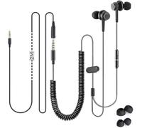 KALANKA-HF027 TV Écouteurs avec Câble Extensible Ultra Long de 18FT / 5.5M, Intra-Auriculaires avec Micro pour PC, Anti-Bruit Ergonomique Oreillettes Filaire Stéréo avec Cordon Spiralé