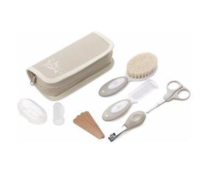 Kalanka-Jané Kit Hygiène Bébé Basic Avec Trousse, Peigne, Brosse Poils Naturels, Ciseaux, Coupe-Ongles, Limes Et Brosse À Dents Silicone, Beige