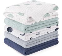 Kalanka-Langes Coton Bébé 60x60cm,Lot De 5 Mousseline De Coton Carrés De Mousseline Super Absorbant De Mousseline À Grain Pour Unisexe Bébé Filles Et Garçons(Lune Bleue)