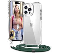 KALANKA-Lanyard Coque pour iPhone 14 Pro 6.1'', Coque avec Tour de Cou Réglable pour iPhone 14 Pro, Protection Complète à 360 Degrés Transparente avec Tour de Cou, Vert Foncé