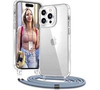 KALANKA-Lanyard Coque pour iPhone 14 Pro 6.1'', Coque avec Tour de Cou Réglable pour iPhone 14 Pro, Protection Complète à 360 Degrés Transparente avec Tour de Cou, Bleu