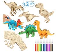 KALANKA-Lot de 12 kits de bricolage en bois dinosaures pour enfants, dragons, puzzles 3D, en bois, à peindre et à bricoler, kits de bricolage créatifs pour enfants, coloriage, artisanat pour garçons