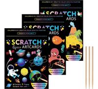 KALANKA-Lot de 3 images à gratter pour enfants - 18,5 x 13,5 cm - Papier à gratter magique arc-en-ciel - Avec dégradé de couleurs et stylo à gratter - Dinosaure, espace, océans (A)