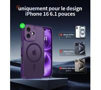Kalanka-Magn¿¿Tique Coque Pour Iphone 16 Avec 2 Verre Tremp¿¿, Compatible Avec Magsafe, Protection D'objectif Tout Compris, Etui Mat Arri¿¿Re Housse Fine Antichoc Case Iphone 16 6.1"", Violet Fonc¿¿