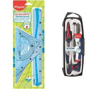 Kalanka-Maped Kit De Traçage 4 Pièces Avec Règle 30cm, Rapporteur 180°/12cm, Equerre 60°/21cm, Equerre 45°/21cm + Compas 5 Pièces Stop System - Coloris Bleu Ou Vert