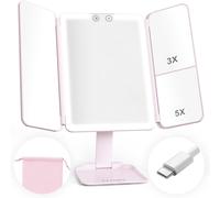 Kalanka-Miroir Maquillage Lumineux À Led + Pochette De Transport, Grossissant 1x/3x/5x, 3 Modes Éclairage, Tactile Et Rechargeable Usb-C Avec Batterie En Lithium. Miroir De Voyage. (Rose)
